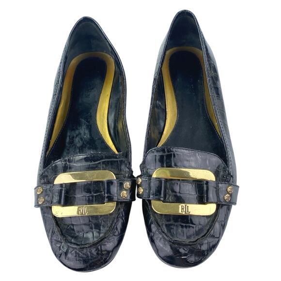 Ralph Lauren Women's Black Gold Logo Croc Leather Chain Slip On Loafers Shoes 6M - Picture 2 of 6